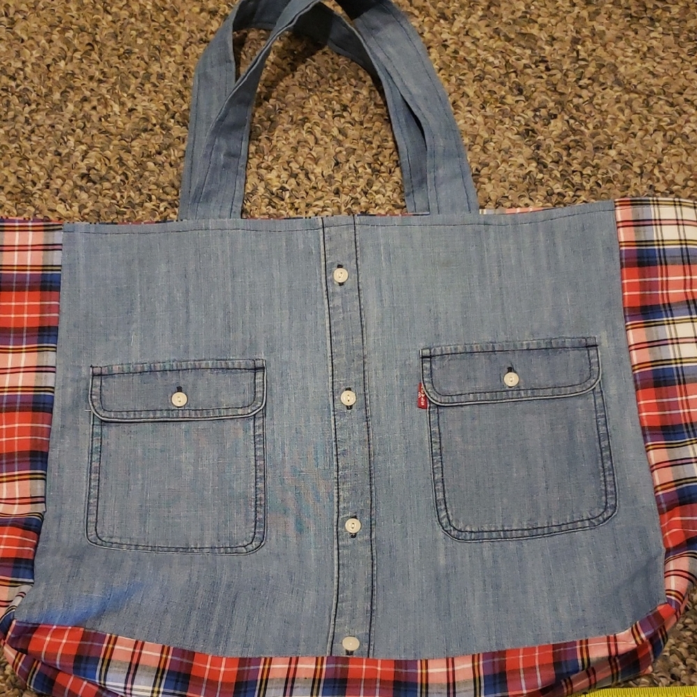 Levi's Blue and Red Denim Tote Bag with Plaid Accents.